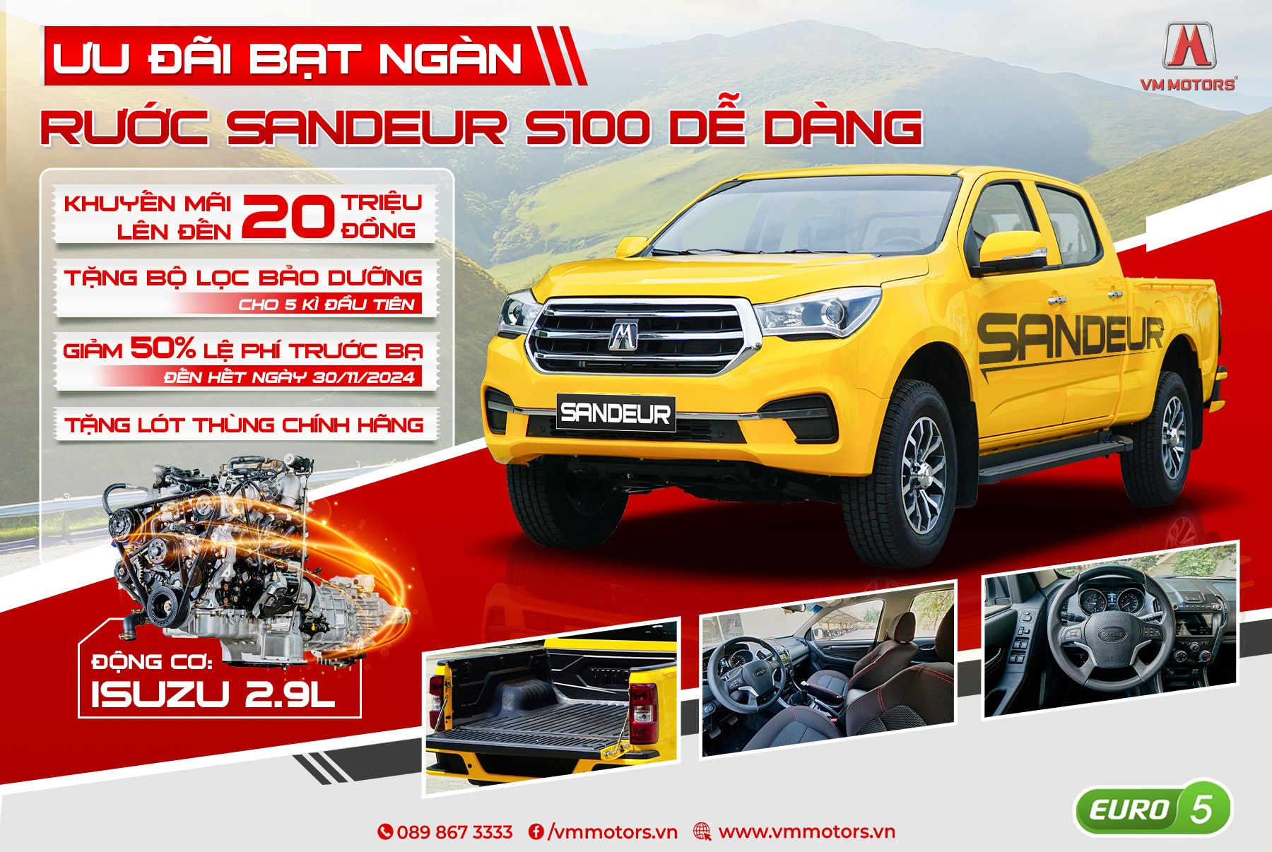 Rước Ngay Sandeur S100 Với Ưu Đãi Bạt Ngàn Từ VM Motors: Giảm Giá 20 Triệu, Tặng Lót Thùng và Bộ Lọc Bảo Dưỡng!