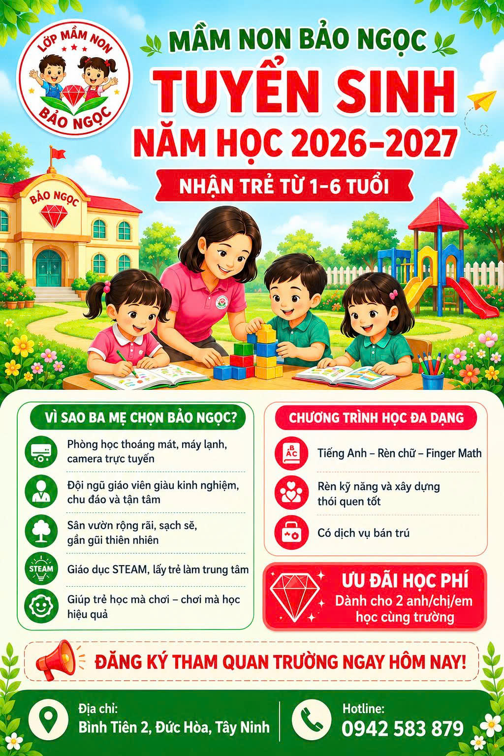 MẦM NON BẢO NGỌC TUYỂN SINH TRẺ TỪ 1–6 TUỔI TẠI ĐỨC HÒA, TÂY NINH